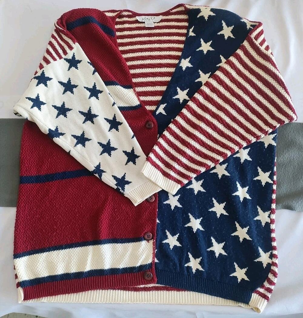 Vintage Kathryn Deene American Flag Sweater Cardigan Buttons Shoulder Pads 22/24